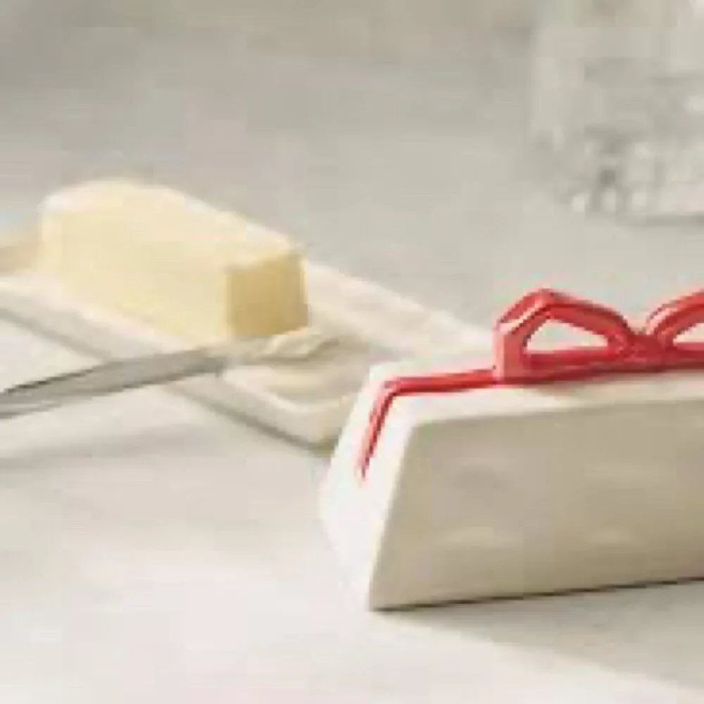 Anthropologie Benedita Bow Ceramic Stoneware Butter Dish Red Ribbon Ivory New
